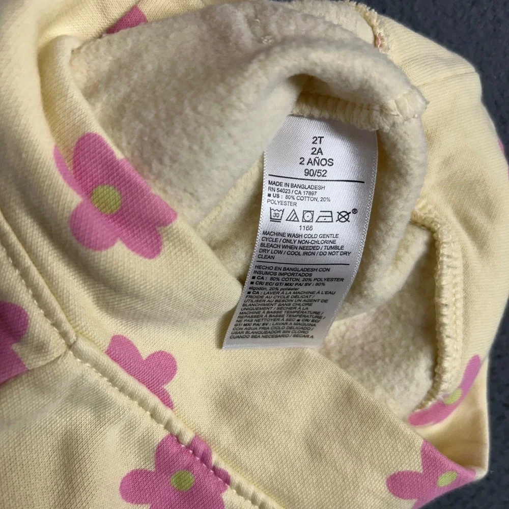 Old Navy Hoodie Girls 2T Yellow Pink Floral Logo Fleece Pullover Sweatshirt